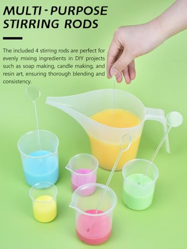 Artcome Funnel Pitcher Set - 4 Pack, 1000ml Plastic Measuring Pitchers with Funnels, 4 Stirring Rods, and 15 Small Measuring Cups for Soap Making, Resin Casting, Baking, and DIY Crafts