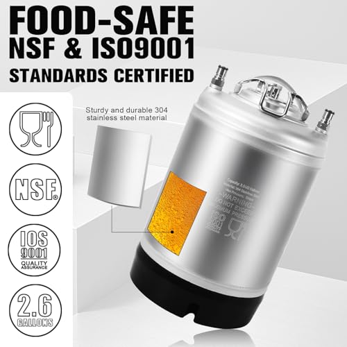New 2.5 Gallon Ball Lock Keg, Cornelius Keg Stainless Steel Corny Keg for Homebrewing, Portable Beer Keg with Heavy-Duty Rubber Bottom & Single SS Handle (10L) - size: 2.5 Gallon (Single SS Handle)