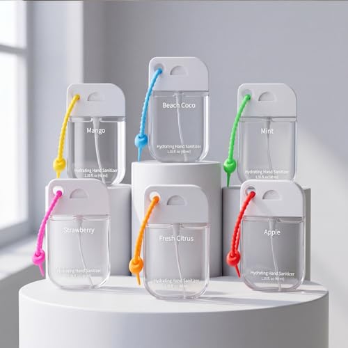 Frienda 12 Pcs Hydrating Hand Sanitizer Spray Scented Pocket Power Mist Hand Sanitizer Travel Size with Keychain Moisturizing Antibacterial Sanitizing Cleans Hands for Women(Refreshing) - style: Refreshing