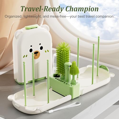 Travel Baby Bottle Cleaner Kit with Storage Case – 6-in-1 Compact Bottle Brush Set for Infant Feeding, Breast Pump Parts & On-The-Go Washing – Baby Travel Essentials for Flying (Green) - color: Green