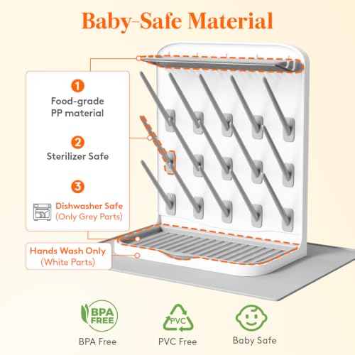 Lifewit Large Baby Bottle Drying Rack with Drain Mat & 15 Hooks, Newborn Essentials Must Haves, Bottle Storage Organizer for Countertop, Cabinet, Rack Dryer Holder for Pacifiers, Pump Parts - size: Large-15 Hooks