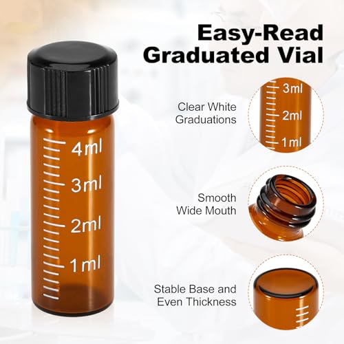 FOUR E'S SCIENTIFIC 100 Pack 4ml Glass Graduated Vials, 1 Dram Amber Small Sample Vials with Plastic Screw Caps Borosilicate Glass Sample Bottles for Liquid Powder Storage - color: Amber