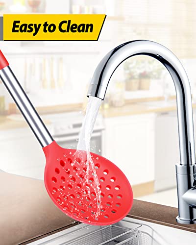 Silicone Kitchen Ladle Strainer, Black-Red, 2 Pack | Slotted Spoon, High Heat Resistant, BPA Free, Non Stick, Ideal for Draining and Frying - color: Black and Red