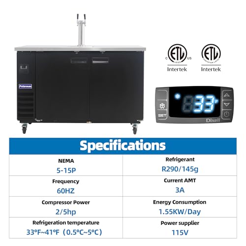 Polarman 16.6 Cu-ft Beer Kegerator Double Tap Draft Beer Dispenser Commercial Refrigerator for Bars and Restaurants With 2 Coupler, Drip Tray 33°F- 41°F Temperature Control-Direct Draw - size: 61"W Double Tap