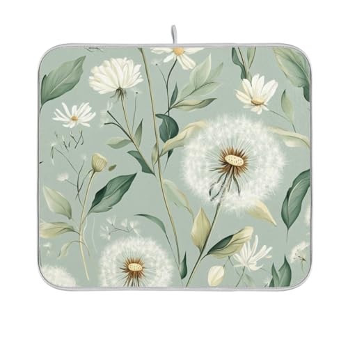 Sage Green Dandelion Flower Spring Dish Drying Mat for Kitchen Counter Microfiber Absorbent Dish Drainer Rack Mat Small Kitchen Drying Mat Heat Resistant Drying Pad for Counter 18x16 - color: Sage Green Dandelion, size: 16x18in