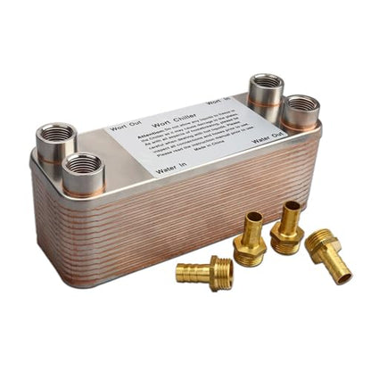 Female Thread Plate Wort Chiller Version Plate Heat Exchanger with 4pcs Hose Barb,30 Plate Wort Chiller,304 Stainless Steel&20mm Garden Hose Thread,Directly Connect P