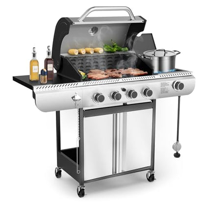 Electactic 4-Burner Gas Grill with Side Burner,Stainless Steel Propane Grill with Porcelain-Enameled Grills,Built-In Thermometer,42000BTU BBQ Grill for Outdoor Cooking and Patio Barbecues - size: 4 Burner Gas Grills with Side Burner