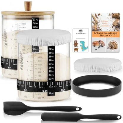 SheeChung 50oz Sourdough Starter Jar, Wide Mouth Sourdough Jar Glass, Bamboo Lid, Cloth Cover, Date Tracker, Scraper, Sourdough Starter Kit, Fermentation Jars, Sour Dough Bread Baking Supplies, 2 Pack - size: 50 Ounce (Pack of 2)