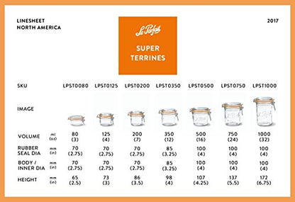 Le Parfait Super Terrine 350mL (12oz) Zero Waste Eco-Friendly Glass Storage Jars with Lids, Airtight, Oven & Freezer Safe, BPA-Free, Food Storage & Preserving, Made in France, 6PK - color: 350ml (Set/6)