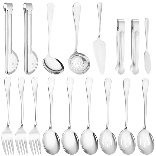 17 Pcs Silver Serving Utensils Set Include Stainless Steel Large Serving Spoons Slotted Spoons Forks Soup Ladle Pie Server - Metal Utensils for Parties Buffet Catering, Dishwasher Safe - color: Silver, size: 17 PCS