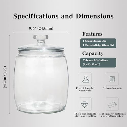 CATPOWER 2.5 Gallon Wide Mouth Glass Storage Jars with Heavy Glass Lids - Large Cookie Jars for Kitchen, Ideal for Flour, Rice, Sugar, Pasta, and Candy | Large Cookie Jars for Kitchen, Ideal for Flour, Rice, Sugar, Pasta, and Candy