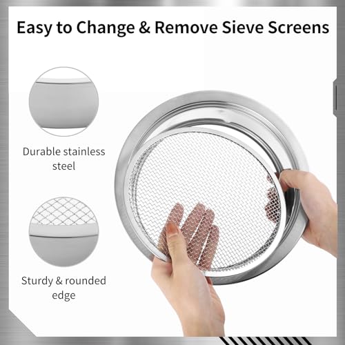Soil Sifter Stainless Steel Riddle Sieve Set for Gardening with 5 Sizes 8" Diameter 1/3/6/9/12mm Interchangeable Meshes - Garden Potting Sieves with Shovel - Planting Soil Sifters Strains
