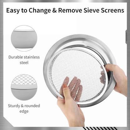 Soil Sifter Stainless Steel Riddle Sieve Set for Gardening with 5 Sizes 8" Diameter 1/3/6/9/12mm Interchangeable Meshes - Garden Potting Sieves with Shovel - Planting Soil Sifters Strains