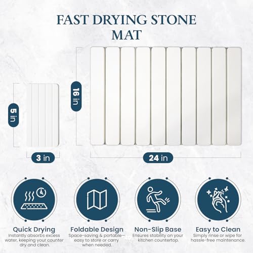 Stone Drying Mat for Kitchen Counter 24"×16"with Water Absorbent Diatomite Coasters 8" x 4", Foldable Quick Dry Mats for kitchen Dishes, Non Slip Quick Drying Diatomaceous Earth For Any Countertop