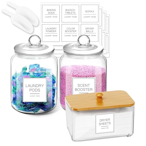 FyndraX Laundry Glass Jars with Dryer Sheets Holder, Containers with Scoop and Labels for Laundry Room Organization and Storage Detergents Pods or Powder, Scent Booster Beads, Set of 3 - color: 3 Pack