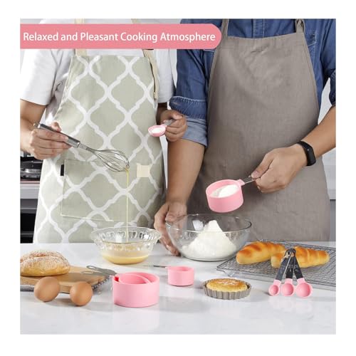 10Pcs Measuring Cups & Spoons Set, Stackable Cups and Spoons, Nesting Measure Cups with Stainless Steel Handle, Kitchen Gadgets for Cooking & Baking (Pink) - color: Pink