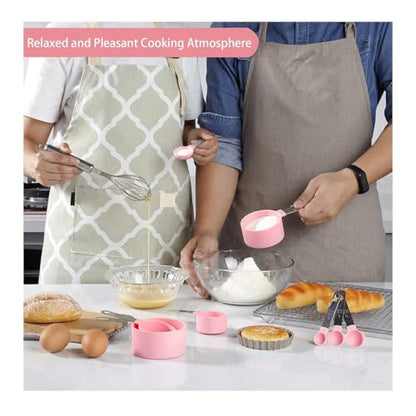 10Pcs Measuring Cups & Spoons Set, Stackable Cups and Spoons, Nesting Measure Cups with Stainless Steel Handle, Kitchen Gadgets for Cooking & Baking (Pink) - color: Pink