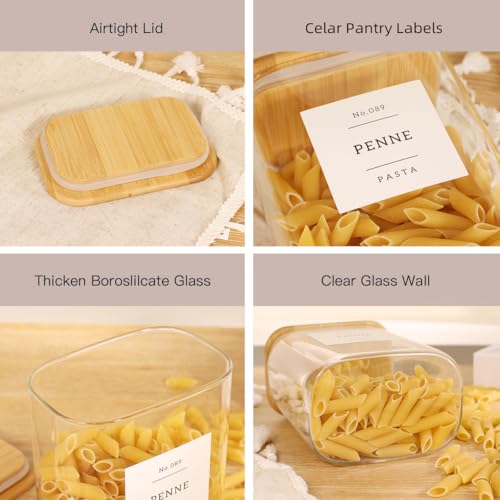 4 Pack Square Glass Pantry Storage Containers with 132 Kitchen Food Pantry Labels - 34 floz Clear Glass Pantry Jars with Airtight Wood Bamboo Lids - Glass Canisters for Tea, Cereal, Coffee, Spice - size: 34oz-4pack