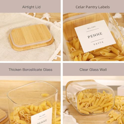 4 Pack Square Glass Pantry Storage Containers with 132 Kitchen Food Pantry Labels - 34 floz Clear Glass Pantry Jars with Airtight Wood Bamboo Lids - Glass Canisters for Tea, Cereal, Coffee, Spice - size: 34oz-4pack