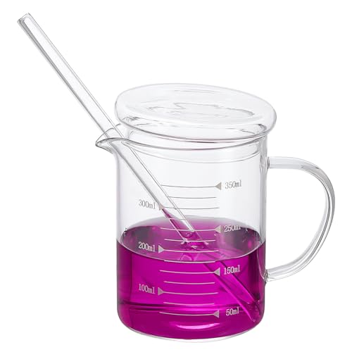 PATIKIL 350ml Glass Measuring Cup, Borosilicate Glass Beaker Graduated Liquid Measure Cups with Glass-Lid Straw V-Shaped Spout for Kitchen Drinking Restaurant, White Printed Scale - color: White Scale, size: 350ml