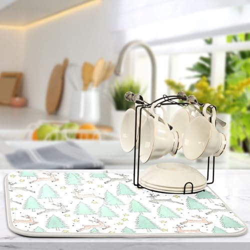 Winter Deer Tree Stars Dish Drying Mat for Kitchen Counter Super Absorbent Draining Mat with Non-slip Backed Coffee Mat for Dish Bottles Cups Bowl Sinks Countertops Draining Racks