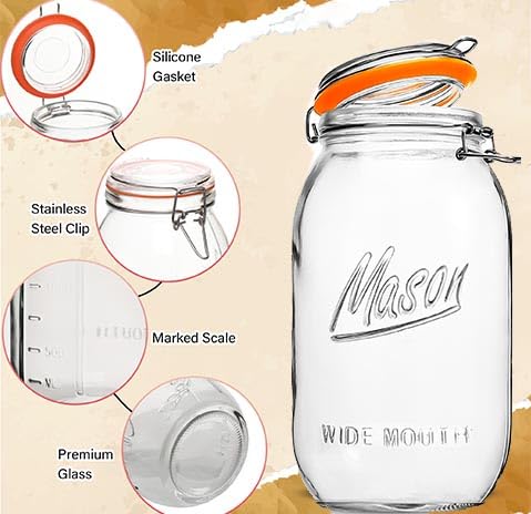 Half Gallon Mason Jars 64 oz Wide Mouth 3 Pack, Airtight Hinged Lid, BPA Free, Dishwasher Safe, for Canning, Pickling, Fermenting, Kitchen Storage, Coffee