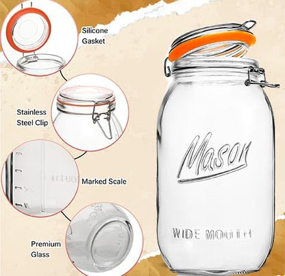 Half Gallon Mason Jars 64 oz Wide Mouth 3 Pack, Airtight Hinged Lid, BPA Free, Dishwasher Safe, for Canning, Pickling, Fermenting, Kitchen Storage, Coffee