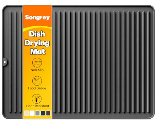 Songrey 24" x 18" Silicone Dish Drying Mat, Kitchen Counter Drying Pad for Sink Dishes or Under Rack, Multi-Use as Heat Resistant Trivet, Coffee Bar Mat - color: Black, size: 24" x 18"