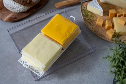 Pikanty Cheese Container for Refrigerator with Removable Tray - Clear Plastic Keeper for Block, Sliced, and Specialty Cheeses, Fits Fridge Door, Hinged Lid, Dishwasher Safe, Made in USA - style: Cheese Storage Container