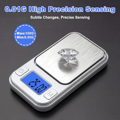 0.01g Accuracy Mini Digital Pocket Gram Scale, Diyife 200g Milligram Scale with Storage Case, 8 Units, LCD Display, Tare Function, Weighs Small Food, Jewelry Scale, Silver - color: Silver