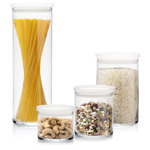 Libbey Stacking Cylinder Assorted Storage Jars, Stackable Glass Jars Set of 4, Airtight Plastic Lids, Dishwasher Safe Food Jars for Storing Dry Goods - color: Cylinders/w Lids 4
