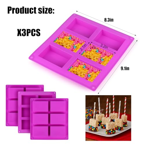 Palksky Rice Snacks Molds for Rice Krispies Treats Baking, 3pcs 6-Cavityrice Cereal Bars Trays for Crispy Treat Making, Candy Making Supplies for Chocolate Brownie Cornbread Pudding Butter Mould - style: 3PCS 6 Rice Snacks Molds