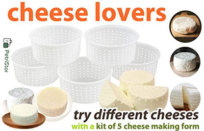 PetriStor 5 pcs Soft Cheese Mold for Cheese Making 0.8QT - Small Cheese Molds - Homemade Cheese Making Supplies - Cream Cheese Form Mold - Moldes Para Queso Fresco Casero - Feta Cheese Making Basket