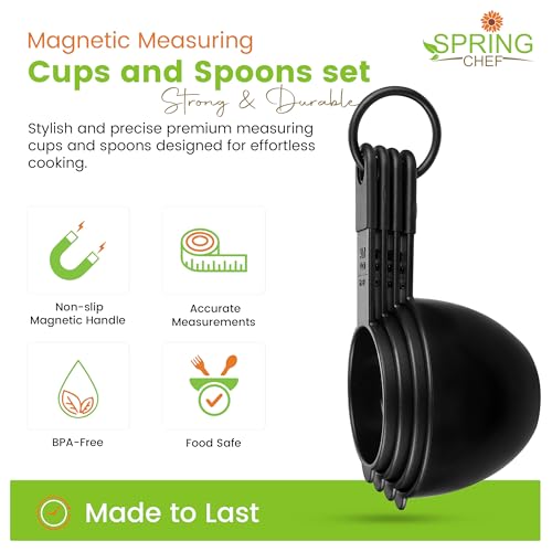 Spring Chef Magnetic Measuring Cups and Spoons Set of 9, Nesting Kitchen Tool with Easy to Read Markings for Measuring Dry or Liquid Ingredient, BPA Free, Black - color: Black
