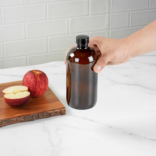 Restaurantware Vetri 16 Ounce Boston Glass Bottles, 12 Bottles With Black Phenolic Caps - Dishwashable, Round, Amber Glass Bottle, For Secondary Kombucha Fermentation, Homemade Essential Oils - color: Amber, size: 16 Ounces