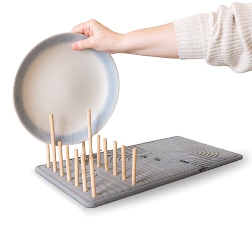 Stone Dish Drying Mat with Bamboo Rack – Fast-Drying Diatomaceous Earth Surface with Non-Slip Silicone Base – Eco-Friendly, Super Absorbent Drying Pad for Kitchen Countertops and Dishes (Gray)