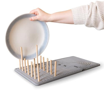 Stone Dish Drying Mat with Bamboo Rack – Fast-Drying Diatomaceous Earth Surface with Non-Slip Silicone Base – Eco-Friendly, Super Absorbent Drying Pad for Kitchen Countertops and Dishes (Gray)