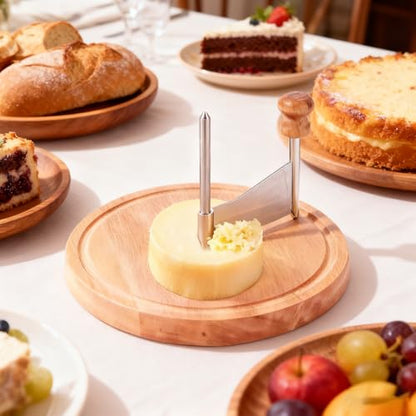 Wooden Cheese Curler Cutter, Stainless Steel Cheese Shaver for Cheese Wheel and Chocolate Block, Manual Cheese Slicer Tools Set with Tweezer for Home Kitchen Commercial Dessert Restaurant Cafe