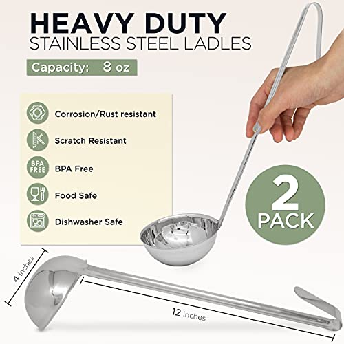 Fit Meal Prep [2 Pack] Stainless Steel Soup Ladle - One-Piece Sauce Spatula w/Hook Handles, Commercial Grade Serving Spoon, Kitchen Tool for Restaurant or Home Cooking, Mirror Finish, 14.25" Long - size: 8 oz
