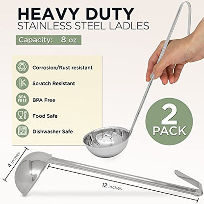 Fit Meal Prep [2 Pack] Stainless Steel Soup Ladle - One-Piece Sauce Spatula w/Hook Handles, Commercial Grade Serving Spoon, Kitchen Tool for Restaurant or Home Cooking, Mirror Finish, 14.25" Long - size: 8 oz