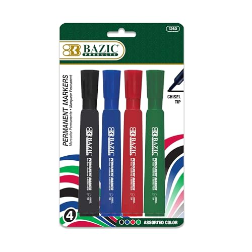BAZIC PRODUCTS Chisel Permanent Markers, 4 Count, 24-Box | assorted-color desk-style chisel-tip permanent markers, durable tip, Waterproof, smear-proof, fade-resistant - size: 24 Count (Pack of 1)