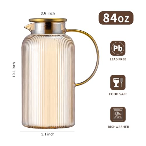 Buaic Glass Pitcher with Lid, 2 PACK 84 oz/ 2.5 Liter Amber Classic Vertical Stripes Water Pitcher,Glass Water Carafe for Cold Brew, Coffee, Lemonade, Iced Sun Tea,Beverage, Milk, Heat Resistant - color: Amber, size: 2.5L-2 PACK