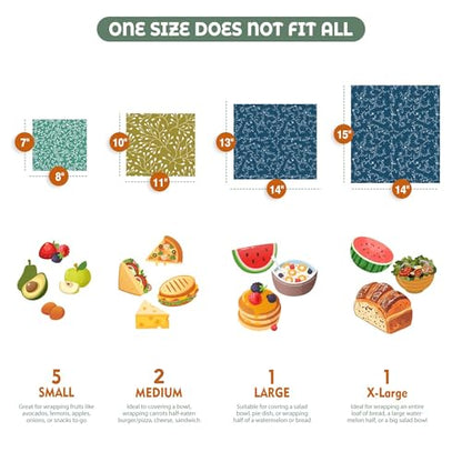 Akeeko Reusable Beeswax Food Wraps - Assorted 9 Packs, Reusable, Plastic-Free Food Storage, 5 Small, 2 Medium, 1 Large, 1 Extra Large Wraps with Abstract Curves Pattern