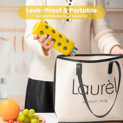 Mrsdry Glass Juice Bottles with Lids and Silicone Sleeves 18 oz, 4-Pack Reusable Clear Glass Water Bottles with Stainless Steel Airtight Cap for Juicing, Refrigerator, BPA Free Leak-Proof Drinking Jar - color: Pink