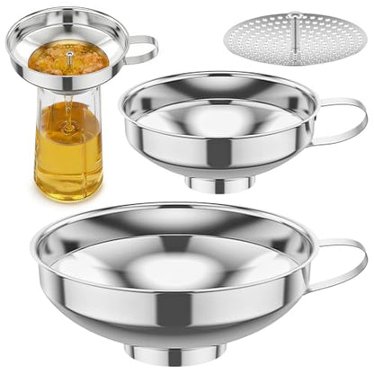 Canning Funnel w Strainer, Wide Mouth Funnels w Handle, Stainless Steel Funnels for Kitchen Use, Filling Wide and Regular Mason Jars Bottles, Kitchen Gadgets Canning Supplies, 3 Pack (Small and Large)
