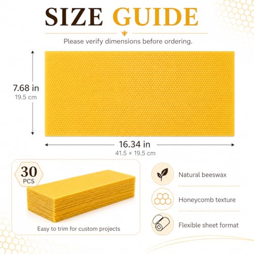 30Pcs Beeswax Sheets for Candle Making, Natural Wax Foundation for Bee Frames, DIY Candle Making Kit, Bees Wax Sheets for Beehives Honey (16.34 x 7.68inch)