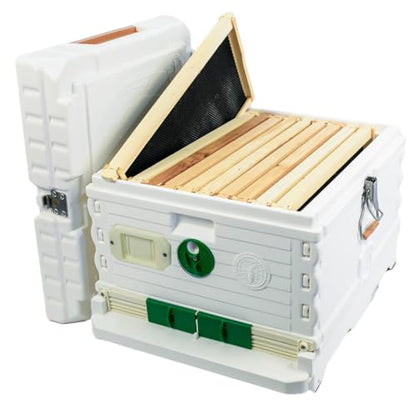 Apimaye Ergo Insulated Bee Hive Set with 10 Wood Frames with Premier Double Wax Foundations (White Body Green Entrance, Single)