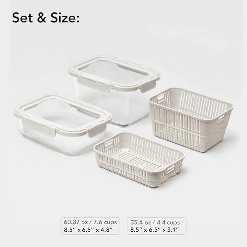 GENICOOK Glass Produce Storage Containers for Fridge, 2-Pack – Airtight Fruit & Vegetable Containers with Removable Colanders, Flexible Silicone Lids,LeakProof, BPA-Free Borosilicate Glass - color: Beige