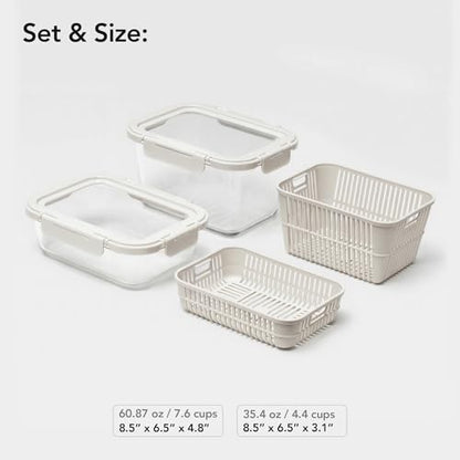 GENICOOK Glass Produce Storage Containers for Fridge, 2-Pack – Airtight Fruit & Vegetable Containers with Removable Colanders, Flexible Silicone Lids,LeakProof, BPA-Free Borosilicate Glass - color: Beige