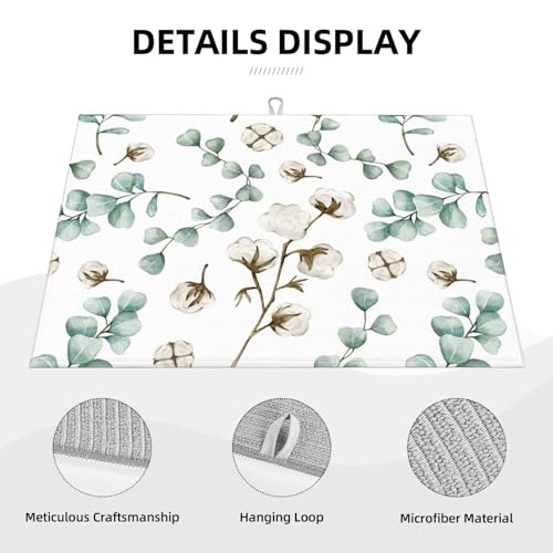 Green Plants Dish Drying Mat for Kitchen Counter Spring Summer Leaves Cotton Plant Microfiber Absorbent Dish Draining Reusable Washable Foldable Extra Large 18"x24" - color: Eucalyptus Leaves Cotton Plant
